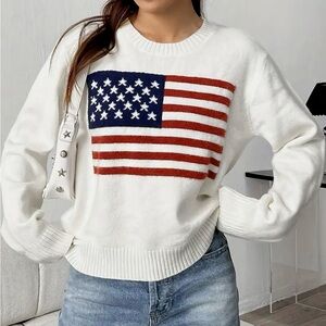 NEW WOMEN'S AMERICAN FLAG CREW NECK SWEATER- IVORY WHITE- MEDIUM